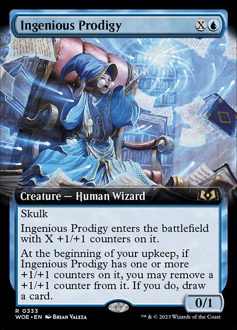Skulk (This creature can't be blocked by creatures with greater power.)
Ingenious Prodigy enters the battlefield with X +1/+1 counters on it.
At the beginning of your upkeep, if Ingenious Prodigy has one or more +1/+1 counters on it, you may remove a +1/+1 counter from it. If you do, draw a card.