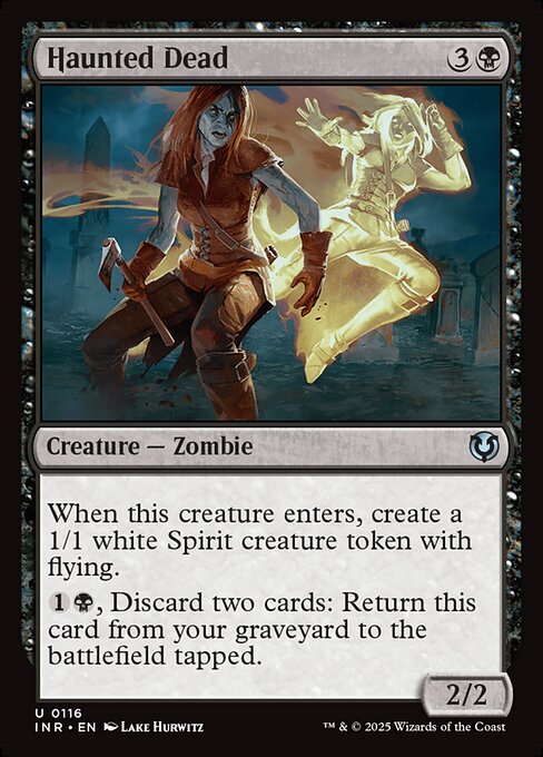 When Haunted Dead enters, create a 1/1 white Spirit creature token with flying.
{1}{B}, Discard two cards: Return Haunted Dead from your graveyard to the battlefield tapped.