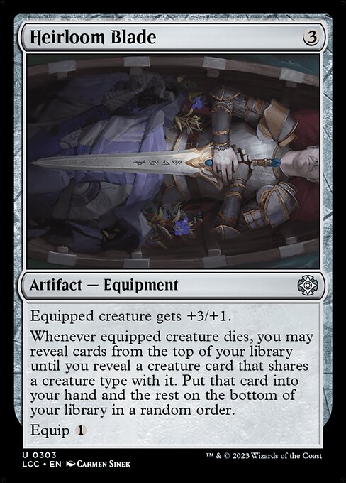 Equipped creature gets +3/+1.
Whenever equipped creature dies, you may reveal cards from the top of your library until you reveal a creature card that shares a creature type with it. Put that card into your hand and the rest on the bottom of your library in a random order.
Equip {1}