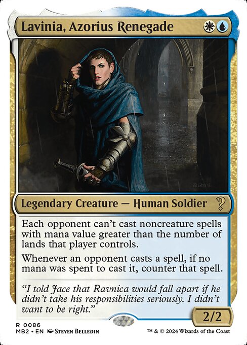 Each opponent can't cast noncreature spells with mana value greater than the number of lands that player controls.
Whenever an opponent casts a spell, if no mana was spent to cast it, counter that spell.