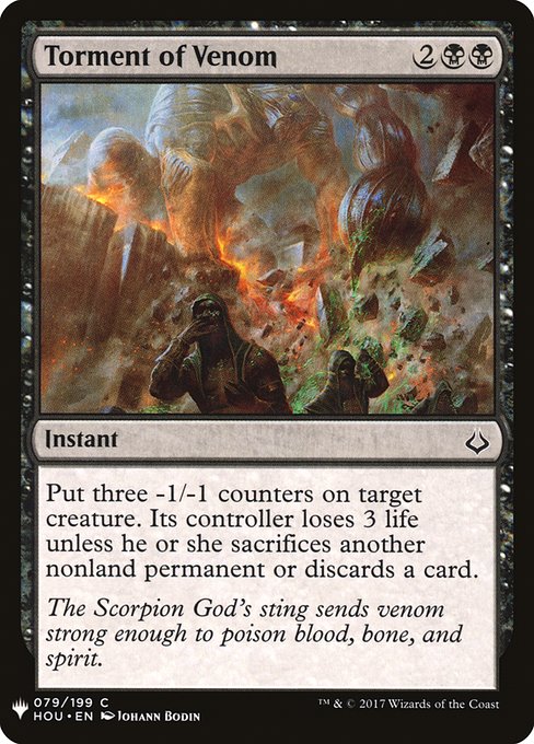 Put three -1/-1 counters on target creature. Its controller loses 3 life unless they sacrifice another nonland permanent or discards a card.