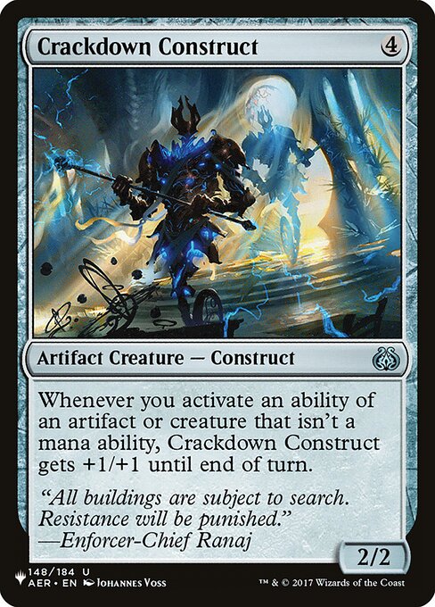 Whenever you activate an ability of an artifact or creature that isn't a mana ability, Crackdown Construct gets +1/+1 until end of turn.