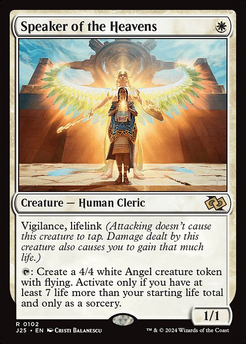 Vigilance, lifelink (Attacking doesn't cause this creature to tap. Damage dealt by this creature also causes you to gain that much life.)
{T}: Create a 4/4 white Angel creature token with flying. Activate only if you have at least 7 life more than your starting life total and only as a sorcery.