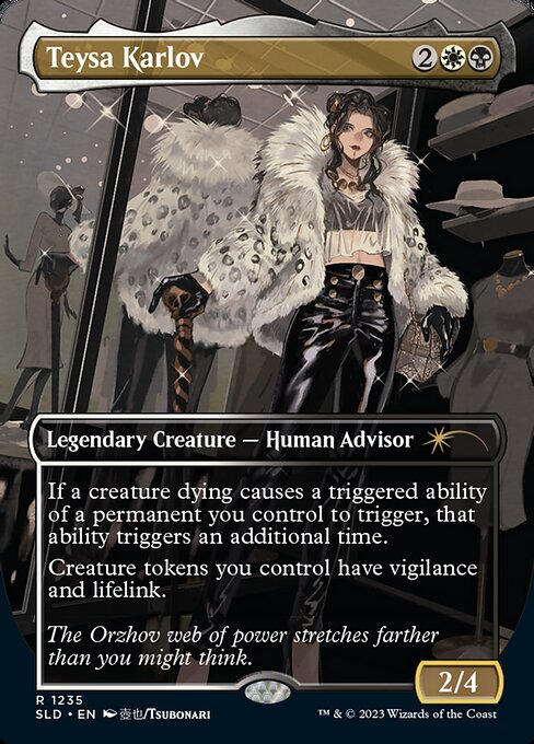 If a creature dying causes a triggered ability of a permanent you control to trigger, that ability triggers an additional time.
Creature tokens you control have vigilance and lifelink.