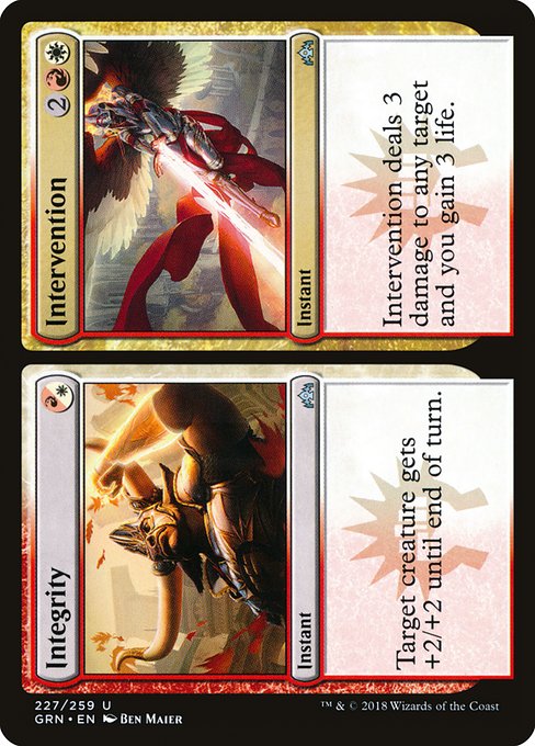 Target creature gets +2/+2 until end of turn.   Intervention deals 3 damage to any target and you gain 3 life.