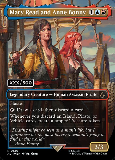 Haste
{T}: Draw a card, then discard a card.
Whenever you discard an Island, Pirate, or Vehicle card, create a tapped Treasure token.