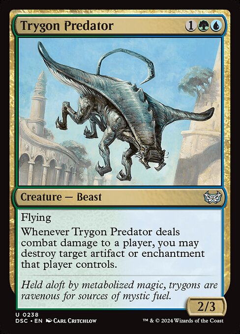 Flying
Whenever Trygon Predator deals combat damage to a player, you may destroy target artifact or enchantment that player controls.