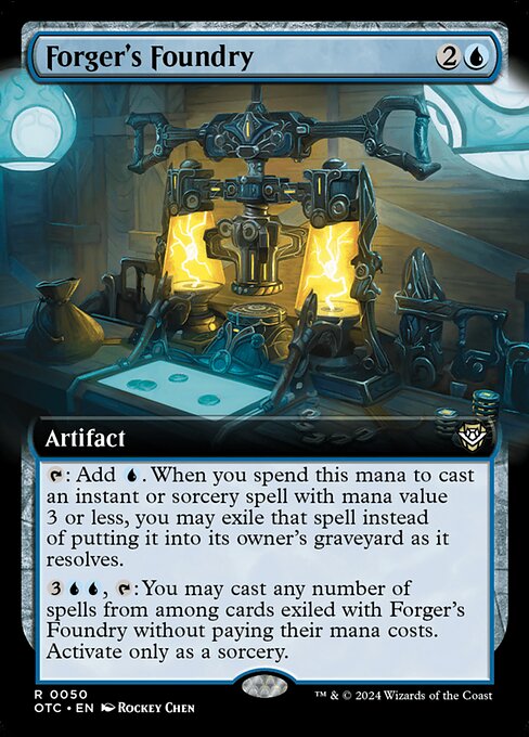 {T}: Add {U}. When you spend this mana to cast an instant or sorcery spell with mana value 3 or less, you may exile that spell instead of putting it into its owner's graveyard as it resolves.
{3}{U}{U}, {T}: You may cast any number of spells from among cards exiled with Forger's Foundry without paying their mana costs. Activate only as a sorcery.