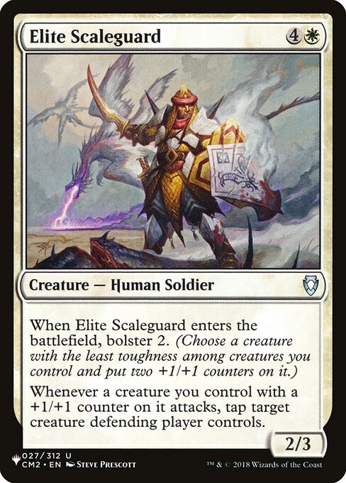 When Elite Scaleguard enters, bolster 2. (Choose a creature with the least toughness among creatures you control and put two +1/+1 counters on it.)
Whenever a creature you control with a +1/+1 counter on it attacks, tap target creature defending player controls.