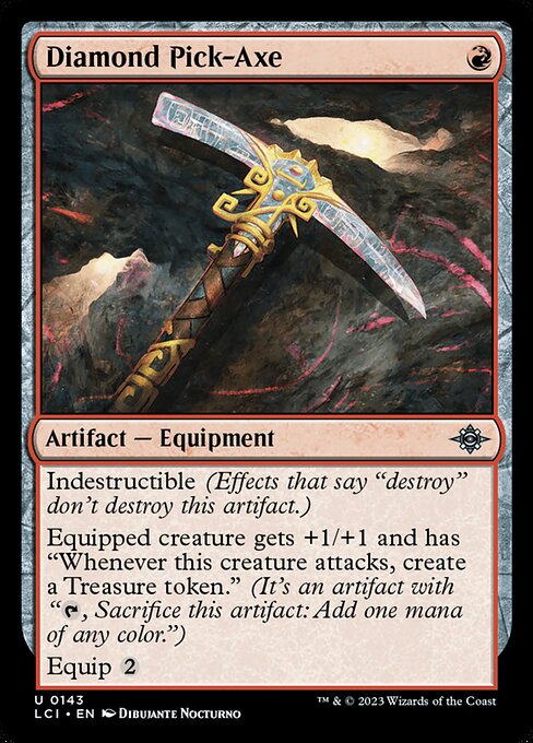 Indestructible (Effects that say "destroy" don't destroy this artifact.)
Equipped creature gets +1/+1 and has "Whenever this creature attacks, create a Treasure token." (It's an artifact with "{T}, Sacrifice this artifact: Add one mana of any color.")
Equip {2}