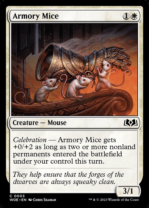 Celebration — Armory Mice gets +0/+2 as long as two or more nonland permanents entered the battlefield under your control this turn.