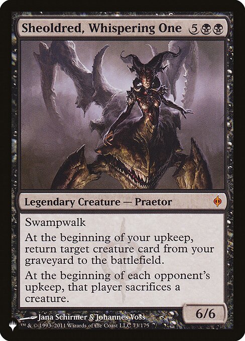 Swampwalk (This creature can't be blocked as long as defending player controls a Swamp.)
At the beginning of your upkeep, return target creature card from your graveyard to the battlefield.
At the beginning of each opponent's upkeep, that player sacrifices a creature.