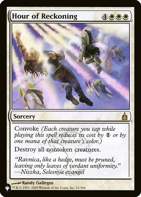 Convoke (Your creatures can help cast this spell. Each creature you tap while casting this spell pays for {1} or one mana of that creature's color.)
Destroy all nontoken creatures.