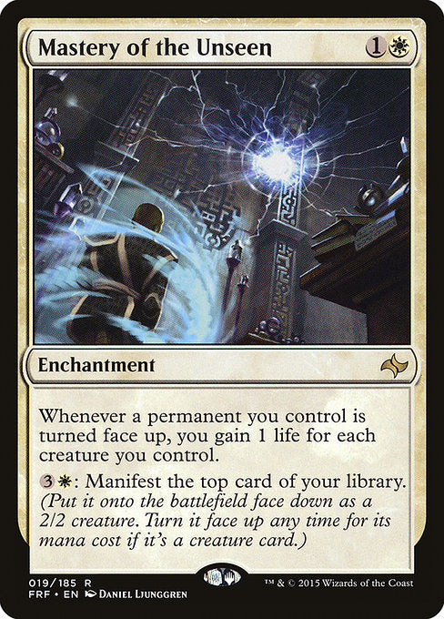 Whenever a permanent you control is turned face up, you gain 1 life for each creature you control.
{3}{W}: Manifest the top card of your library. (Put it onto the battlefield face down as a 2/2 creature. Turn it face up any time for its mana cost if it's a creature card.)