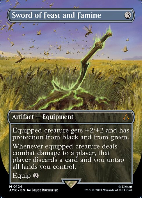 Equipped creature gets +2/+2 and has protection from black and from green.
Whenever equipped creature deals combat damage to a player, that player discards a card and you untap all lands you control.
Equip {2}