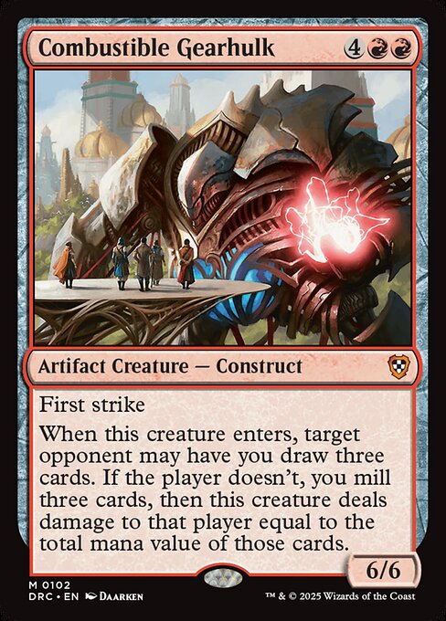First strike
When this creature enters, target opponent may have you draw three cards. If the player doesn't, you mill three cards, then this creature deals damage to that player equal to the total mana value of those cards.