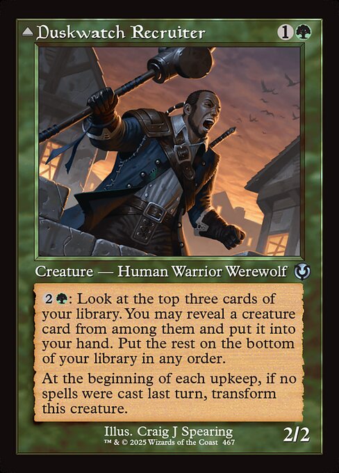{2}{G}: Look at the top three cards of your library. You may reveal a creature card from among them and put it into your hand. Put the rest on the bottom of your library in any order.
At the beginning of each upkeep, if no spells were cast last turn, transform this creature.   Creature spells you cast cost 1 less to cast. At the beginning of each upkeep, if a player cast two or more spells last turn, transform this creature.