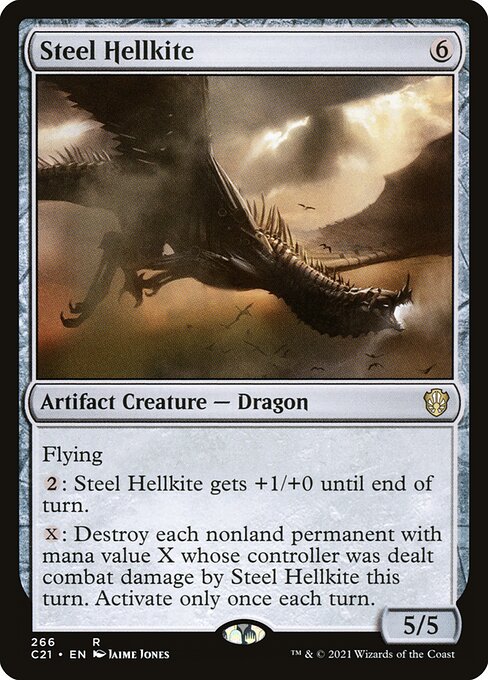 Flying
{2}: Steel Hellkite gets +1/+0 until end of turn.
{X}: Destroy each nonland permanent with mana value X whose controller was dealt combat damage by Steel Hellkite this turn. Activate only once each turn.