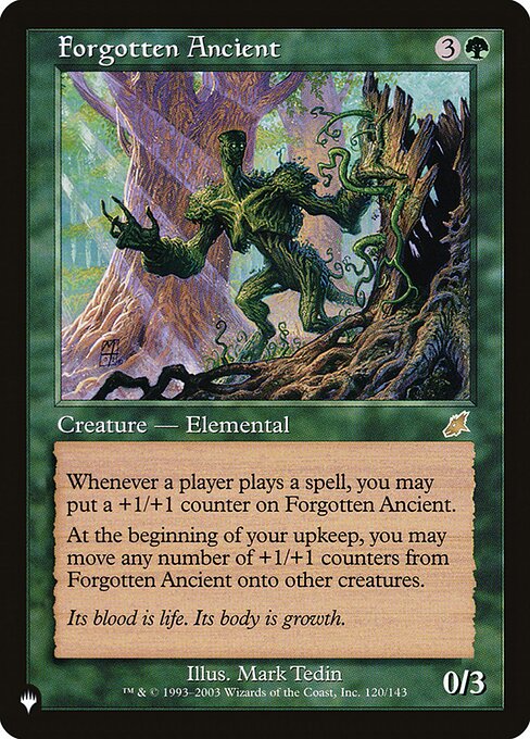 Whenever a player casts a spell, you may put a +1/+1 counter on Forgotten Ancient.
At the beginning of your upkeep, you may move any number of +1/+1 counters from Forgotten Ancient onto other creatures.