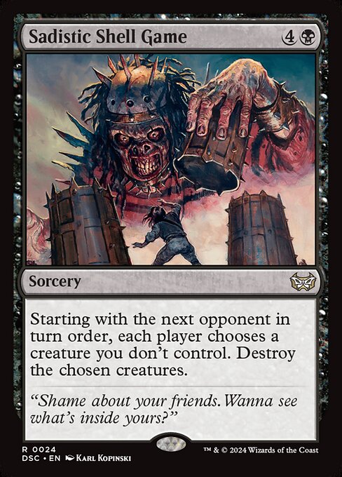 Starting with the next opponent in turn order, each player chooses a creature you don't control. Destroy the chosen creatures.