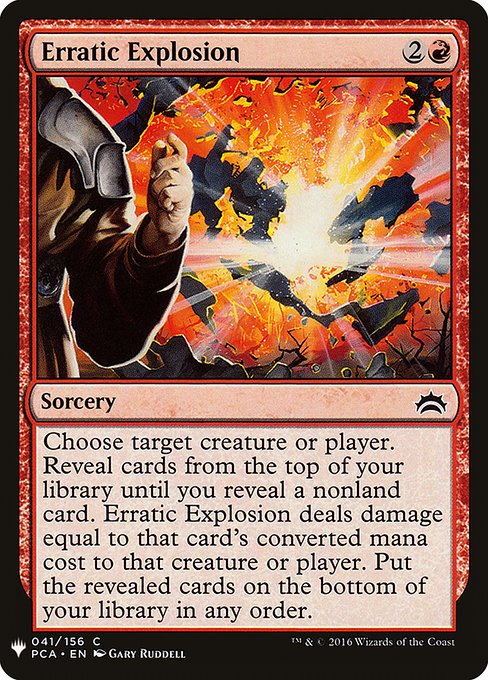 Choose any target. Reveal cards from the top of your library until you reveal a nonland card. Erratic Explosion deals damage equal to that card's mana value to that permanent or player. Put the revealed cards on the bottom of your library in any order.