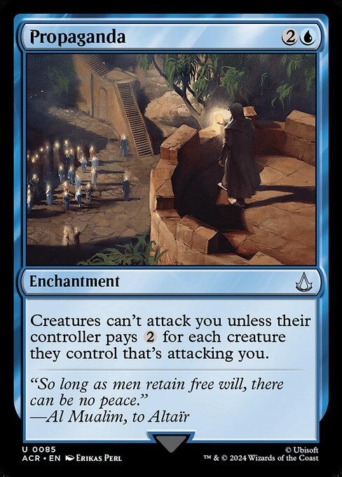Creatures can't attack you unless their controller pays {2} for each creature they control that's attacking you.
