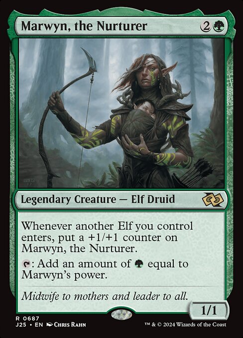 Whenever another Elf you control enters, put a +1/+1 counter on Marwyn, the Nurturer.
{T}: Add an amount of {G} equal to Marwyn's power.
