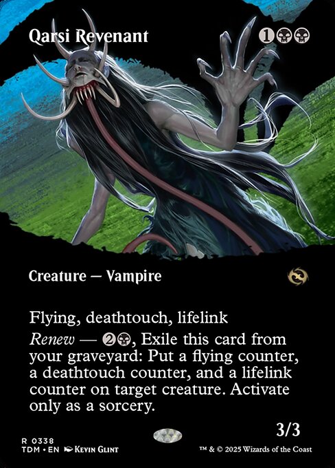 Flying, deathtouch, lifelink
Renew — {2}{B}, Exile this card from your graveyard: Put a flying counter, a deathtouch counter, and a lifelink counter on target creature. Activate only as a sorcery.