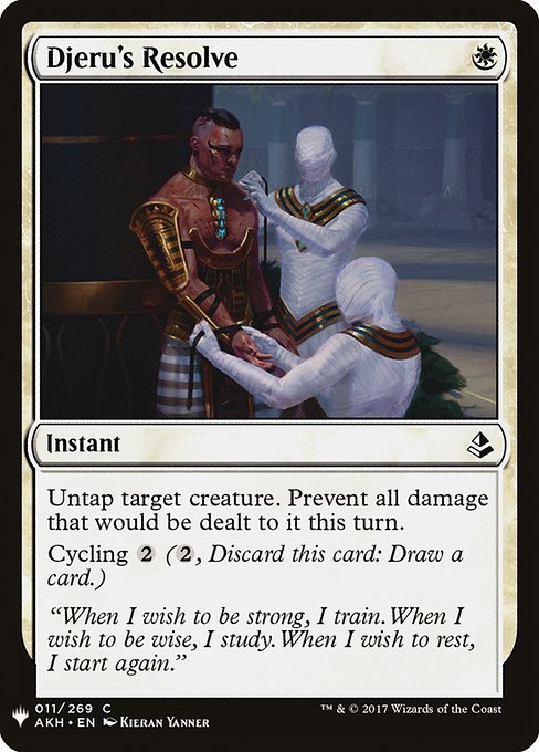 Untap target creature. Prevent all damage that would be dealt to it this turn.
Cycling {2} ({2}, Discard this card: Draw a card.)