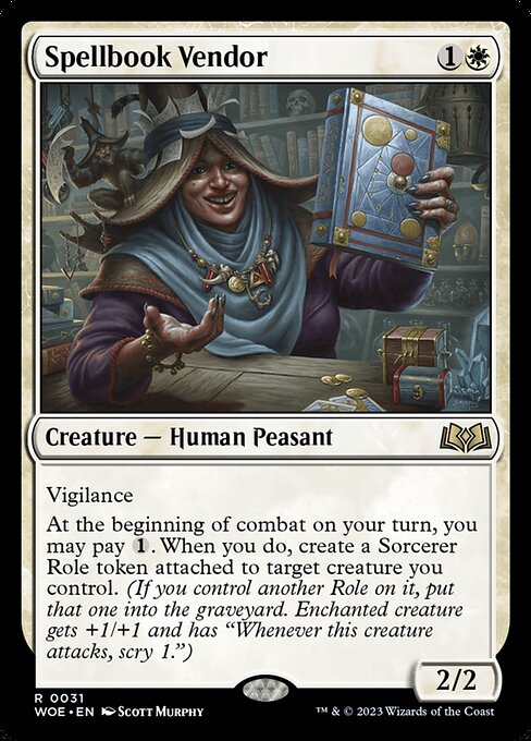 Vigilance
At the beginning of combat on your turn, you may pay {1}. When you do, create a Sorcerer Role token attached to target creature you control. (If you control another Role on it, put that one into the graveyard. Enchanted creature gets +1/+1 and has "Whenever this creature attacks, scry 1.")