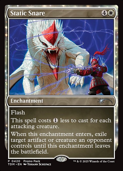 Flash
This spell costs {1} less to cast for each attacking creature.
When this enchantment enters, exile target artifact or creature an opponent controls until this enchantment leaves the battlefield.