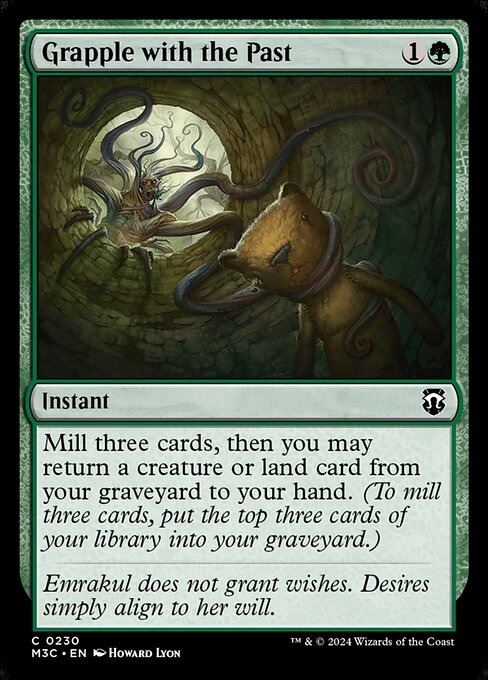 Mill three cards, then you may return a creature or land card from your graveyard to your hand. (To mill three cards, put the top three cards of your library into your graveyard.)