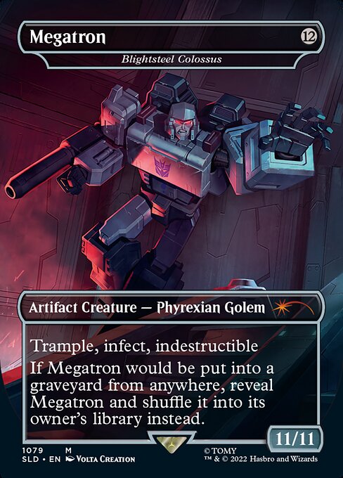 Trample, infect, indestructible
If Blightsteel Colossus would be put into a graveyard from anywhere, reveal Blightsteel Colossus and shuffle it into its owner's library instead.   Trample, infect, indestructible
If Blightsteel Colossus would be put into a graveyard from anywhere, reveal Blightsteel Colossus and shuffle it into its owner's library instead.