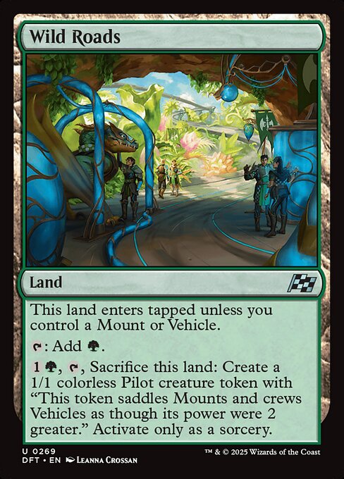 This land enters tapped unless you control a Mount or Vehicle.
{T}: Add {G}.
{1}{G}, {T}, Sacrifice this land: Create a 1/1 colorless Pilot creature token with "This token saddles Mounts and crews Vehicles as though its power were 2 greater." Activate only as a sorcery.