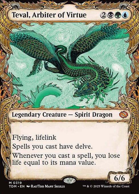 Flying, lifelink
Spells you cast have delve. (Each card you exile from your graveyard while casting those spells pays for {1}.)
Whenever you cast a spell, you lose life equal to its mana value.