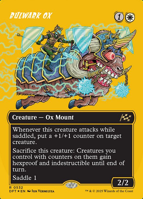 Whenever this creature attacks while saddled, put a +1/+1 counter on target creature.
Sacrifice this creature: Creatures you control with counters on them gain hexproof and indestructible until end of turn.
Saddle 1 (Tap any number of other creatures you control with total power 1 or more: This Mount becomes saddled until end of turn. Saddle only as a sorcery.)