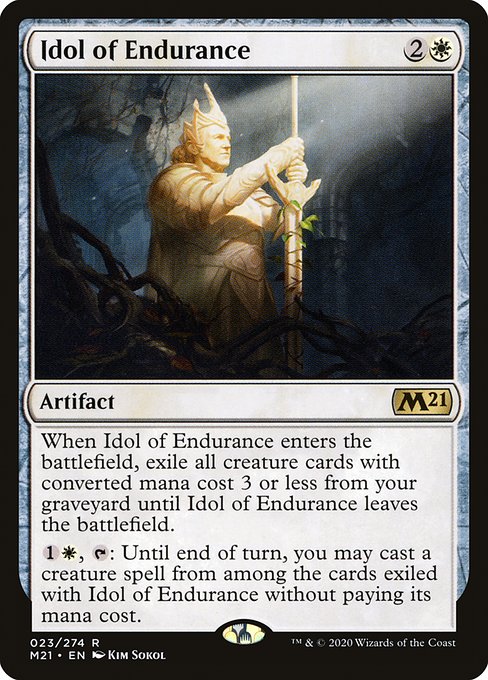 When Idol of Endurance enters the battlefield, exile all creature cards with mana value 3 or less from your graveyard until Idol of Endurance leaves the battlefield.
{1}{W}, {T}: Until end of turn, you may cast a creature spell from among cards exiled with Idol of Endurance without paying its mana cost.