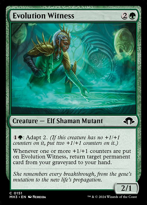 {1}{G}: Adapt 2. (If this creature has no +1/+1 counters on it, put two +1/+1 counters on it.)
Whenever one or more +1/+1 counters are put on Evolution Witness, return target permanent card from your graveyard to your hand.