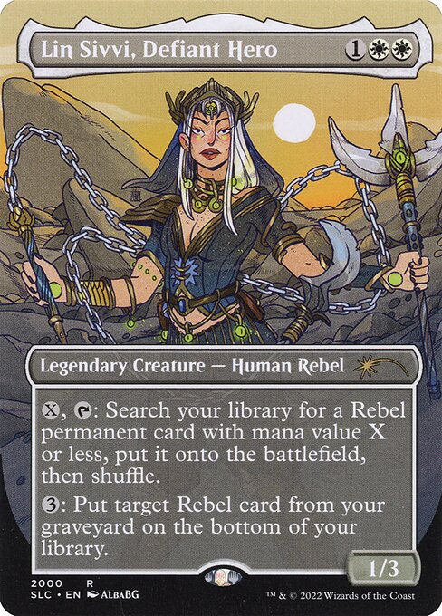 {X}, {T}: Search your library for a Rebel permanent card with mana value X or less, put it onto the battlefield, then shuffle.
{3}: Put target Rebel card from your graveyard on the bottom of your library.