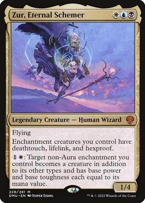 Flying
Enchantment creatures you control have deathtouch, lifelink, and hexproof.
{1}{W}: Target non-Aura enchantment you control becomes a creature in addition to its other types and has base power and base toughness each equal to its mana value.
