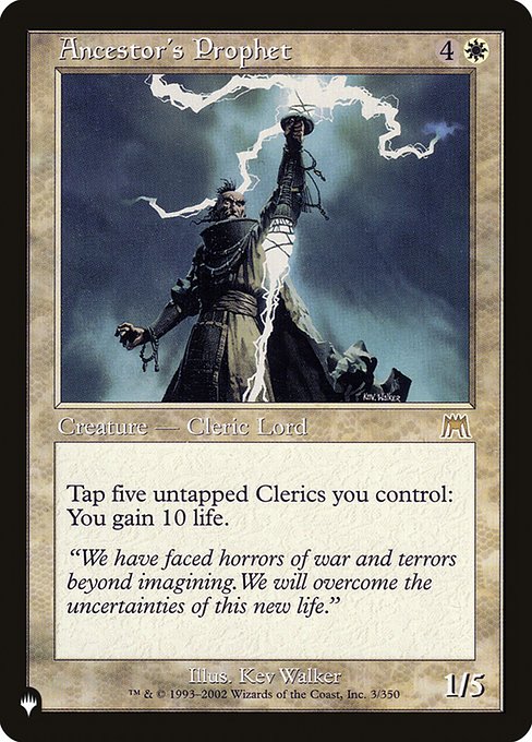 Tap five untapped Clerics you control: You gain 10 life.