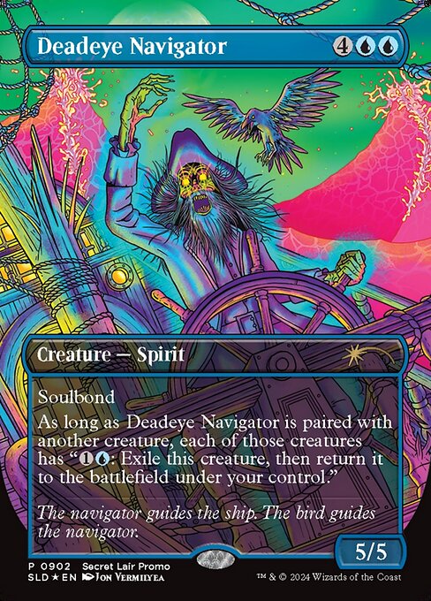 Soulbond (You may pair this creature with another unpaired creature when either enters. They remain paired for as long as you control both of them.)
As long as Deadeye Navigator is paired with another creature, each of those creatures has "{1}{U}: Exile this creature, then return it to the battlefield under your control."