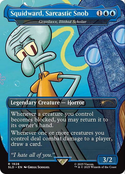 Whenever a creature you control becomes blocked, you may return it to its owner's hand.
Whenever one or more creatures you control deal combat damage to a player, draw a card.