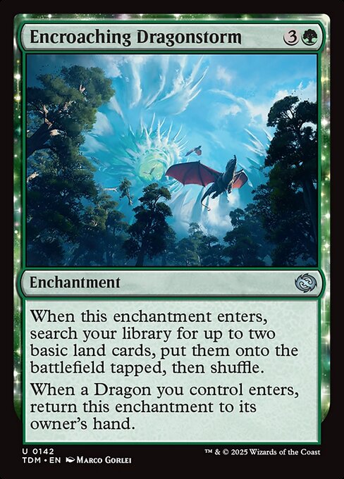When this enchantment enters, search your library for up to two basic land cards, put them onto the battlefield tapped, then shuffle.
When a Dragon you control enters, return this enchantment to its owner's hand.