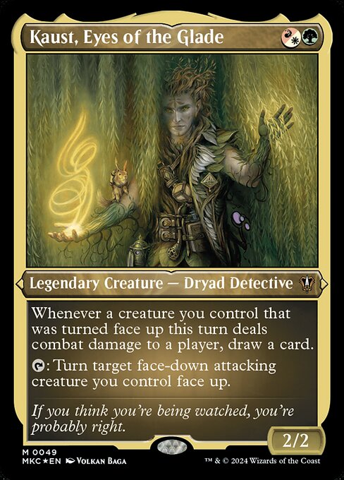 Whenever a creature you control that was turned face up this turn deals combat damage to a player, draw a card.
{T}: Turn target face-down attacking creature you control face up.