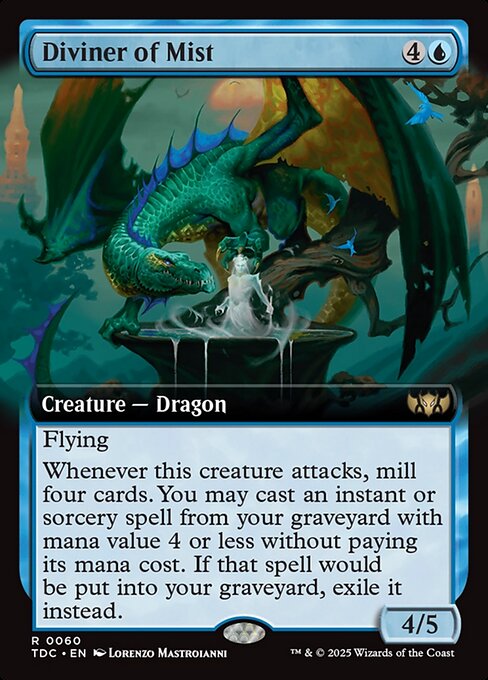 Flying
Whenever this creature attacks, mill four cards. You may cast an instant or sorcery spell from your graveyard with mana value 4 or less without paying its mana cost. If that spell would be put into your graveyard, exile it instead.