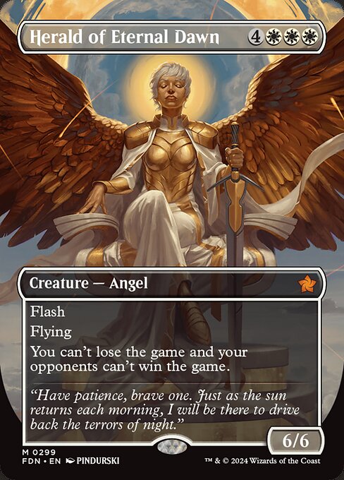 Flash (You may cast this spell any time you could cast an instant.)
Flying
You can't lose the game and your opponents can't win the game.