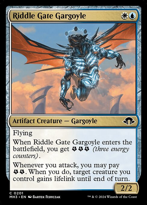 Flying
When Riddle Gate Gargoyle enters the battlefield, you get {E}{E}{E} (three energy counters).
Whenever you attack, you may pay {E}{E}. When you do, target creature you control gains lifelink until end of turn.