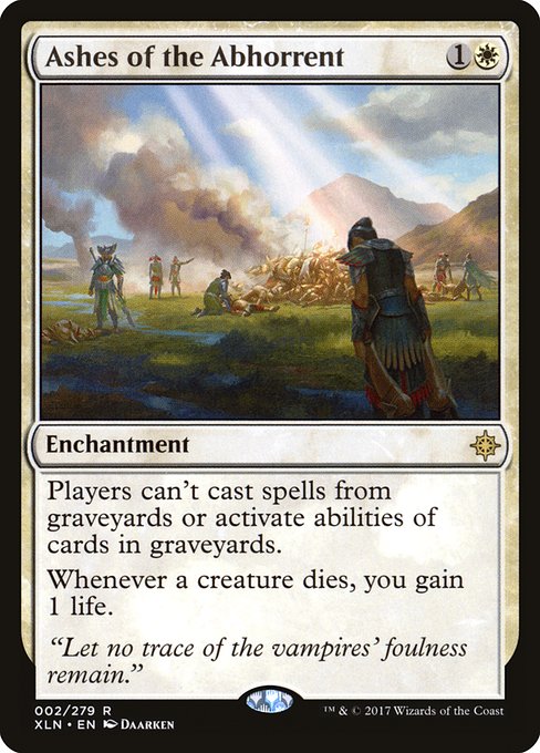 Players can't cast spells from graveyards or activate abilities of cards in graveyards.
Whenever a creature dies, you gain 1 life.