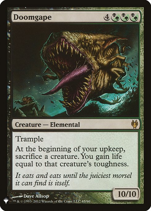 Trample
At the beginning of your upkeep, sacrifice a creature. You gain life equal to that creature's toughness.